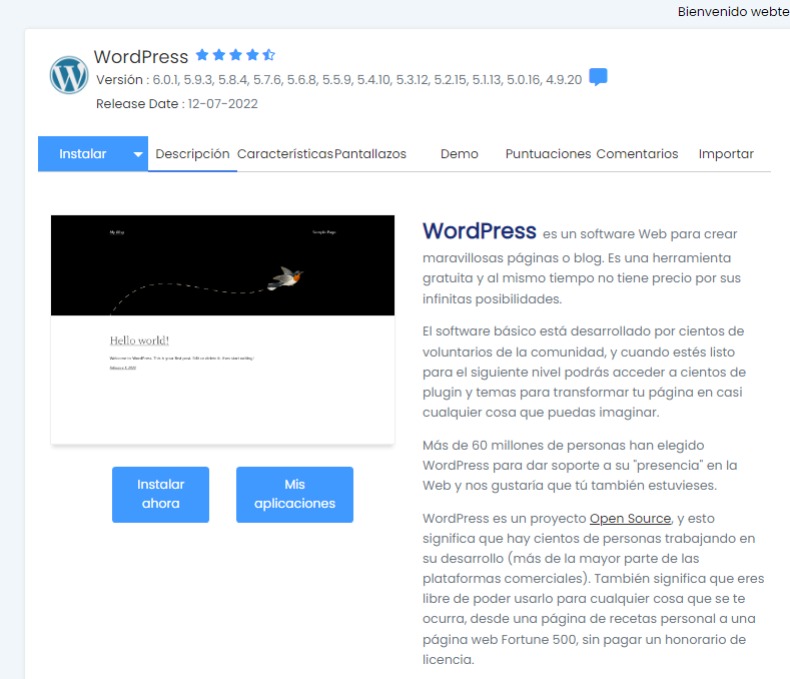 Instala WordPress panel de control