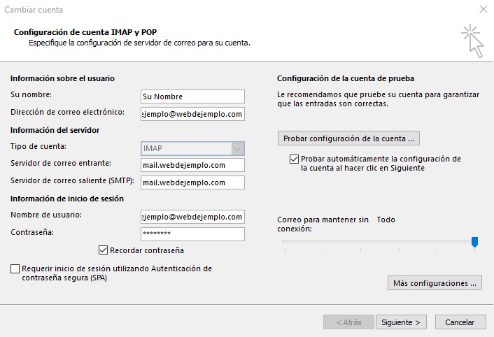 configuración de cuenta imap y pop